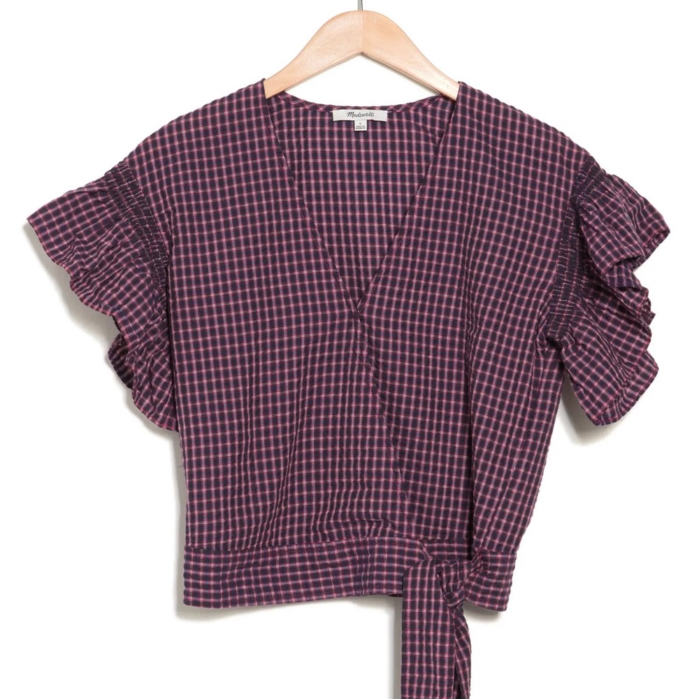 MADEWELL Flutter-Sleeve Side-Tie Wrap Top In Plaid - S
